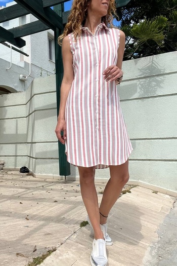 Güneşkızı Women's Dried Rose Linen Look Self Patterned Sleeveless Shirt Dress BST700-3583