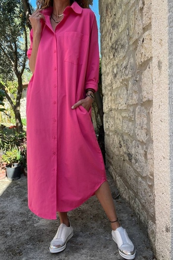 Güneşkızı Women's Fuchsia Poplin Long Pocket Shirt Dress BST700-3555