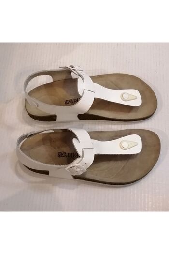 D By Divarese Unisex Genuine Leather Matte Patent Leather White Banded Buckle Leather Inner Cork Eva Sole Flip Flops Sandals