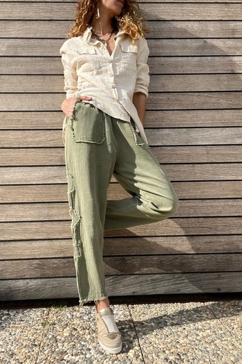 Güneşkızı Women's Khaki Elastic Waist Washed Linen Look Filthy Stitching Detailed Loose Baggy Trousers RSD1196