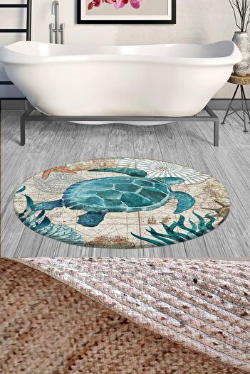 Else Halı Else Decor Turtle Patterned Rope Straw Jute Braid Round Shower Front Bath Mat 120x120cm