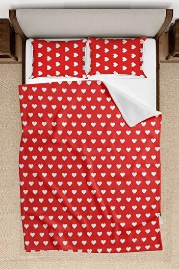 Else Dekor Red Heart Patterned Double Pillowed Printed Bedspread Pique Set 200x220cm