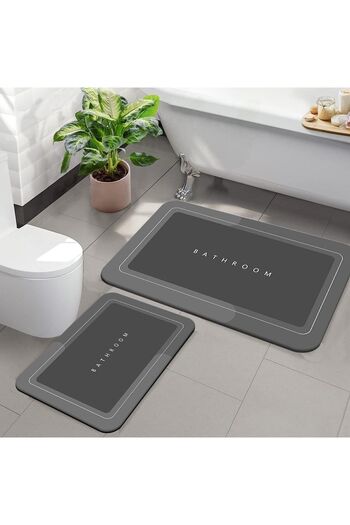 Else Dekor Else Anthracite Bathroom Written Patterned Washable Non-Slip Base 2-Piece Bathroom Carpet Mat Toilet Seat Set