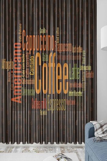Else Dekor White Brown Text Patterned Decorative Modern Kitchen Tulle Background Curtain