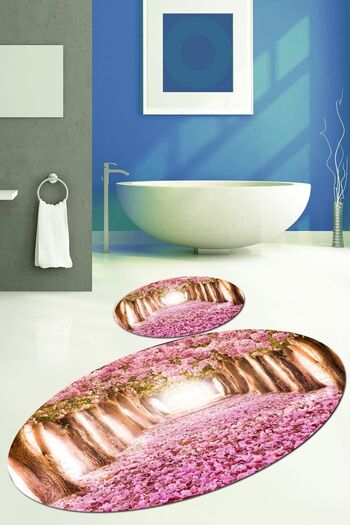 Else Halı Else Kadser Pink Trees Οβάλ Σετ Πατάκια Μπάνιου Σετ Τουαλέτας