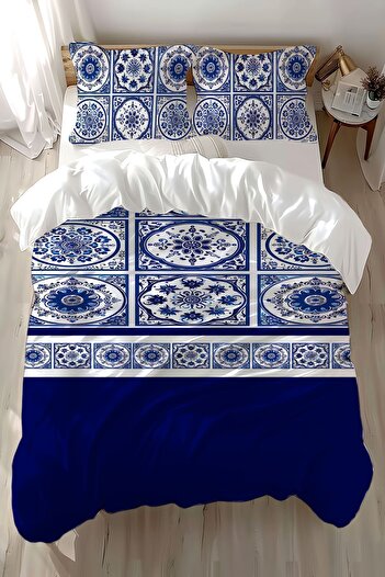 Else Dekor Double Blue and White Tile Patterned Cotton Satin Duvet Cover Set