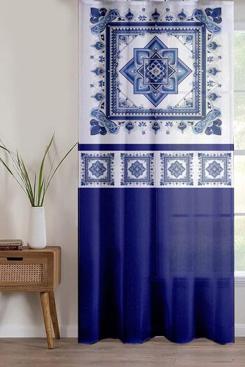 Else Dekor 140x260cm Blue White Flower Patterned Living Room Kitchen Tulle Curtain - Printed Decorative