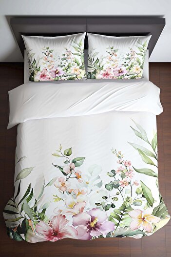 Else Dekor Colorful Flowers Patterned Printed Cotton Satin Double Duvet Cover Set