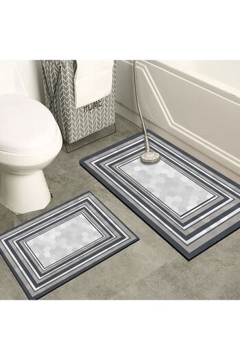 Else Dekor Gray White Washable Non-Slip Base 2-Piece Bathroom Rug Mat Toilet Seat Set
