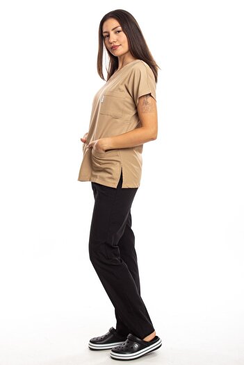 Simirna Üniforma Scrubs χειρουργικής γιατρού νοσοκόμας Camel Color Top Μαύρο κάτω κοστούμι ζέρσεϊ