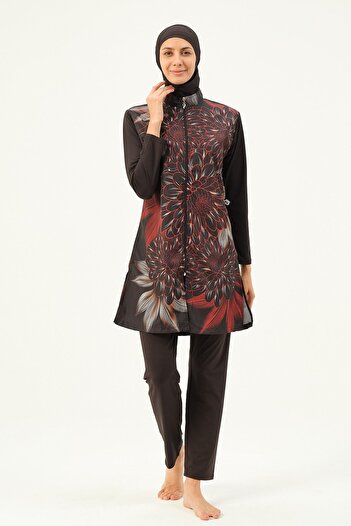 vawensea Women's Patterned Top with Parachute Sleeves and Leggings Lycra Hijab Swimsuit Set of 4 Red