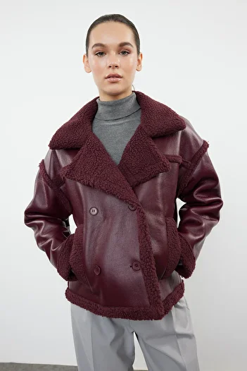 Trendyol Collection Faux Leather Biker Jacket - Claret Red with Plush Detail, TWOAW25MO00066