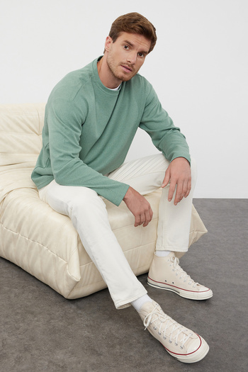 Trendyol Collection Mint barva Crew Neck Neck Stih Detailní Široký střih trička - Tmnaw23Ts00022