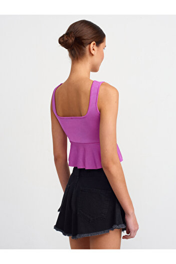 Dilvin 10522 Πλεκτό με τετράγωνο γιακά Flounce Top-Fuchsia