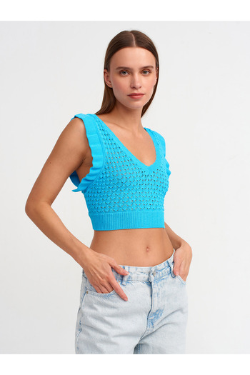 Dilvin 10546 Model V-Neck Ruffled Turquoise Knitwear Crop Top