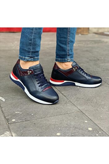 Parlak Lacivert Erkek Hakiki Deri Sneakers