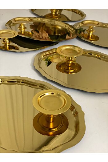 Elzemm store 25 CM Oval Tray and Gold Macaron Holder Set of 6 - 2 Models
