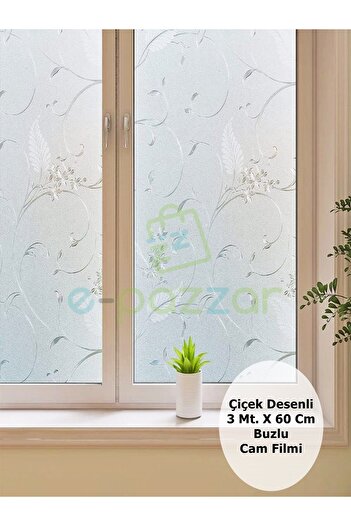 epazzar 3 Metre X 60 Cm Uv Koruyucu Dekoratif 3d Buzlu Çiçek Desenli Cam Banyo Pencere Folyosu Statik Sticke