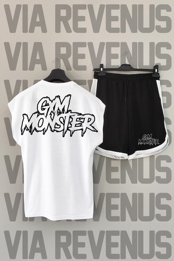 Vordevia Gym Monster White Sports T-Shirt and Black Sports Shorts Set - Zero Sleeve, Crew Neck