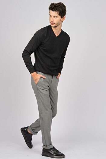 Desen Triko Men's V-Neck Wool Sweater 0249617 Smoked