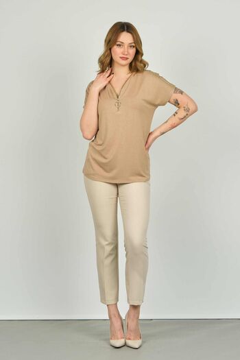 ELLA CAMELIA Women's Zippered Short Sleeve Blouse 20E038 Mink
