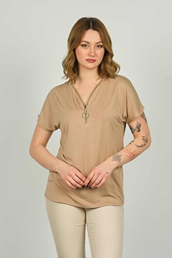 ELLA CAMELIA Women's Zippered Short Sleeve Blouse 20E038 Mink