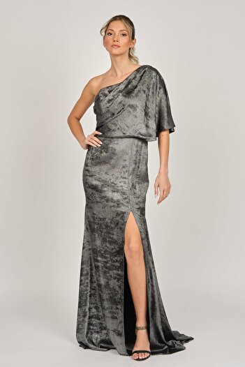Maxra Govana Women's One Shoulder Velvet Evening Dress 47755135 Silver