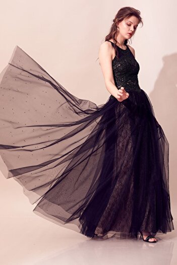 Tiara Women's Skirt Pearl Embellished Long Evening Dress 5946131 Black