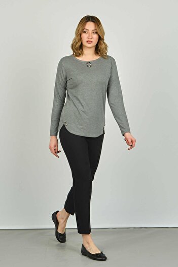Sistas Women's Ornamental Buttoned Long Sleeve Blouse 23538 Gray