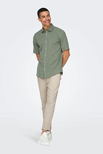 Only & Sons Ανδρικό λινό πουκάμισο Khaki - Onscaiden, Slim Fit, κοντό μανίκι 22009885
