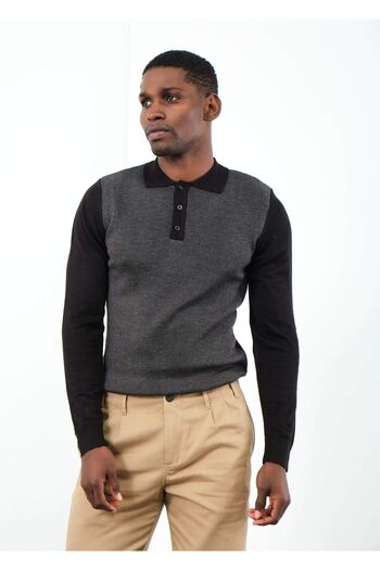 Adze Men's Black-dark Gray Patterned Polo Collar Wool Sweater