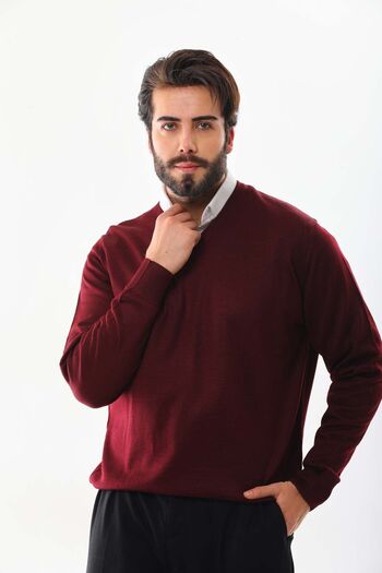 Günay Men's V-Neck Wool Sweater 5000 Claret Red