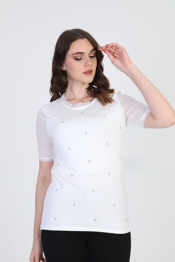 ELLA CAMELIA Women's Stone Detailed Blouse 19e056 Ecru