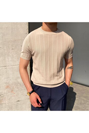 COMBİNE MİCHAİL Crew Neck Beige Knitwear Men's T-shirt