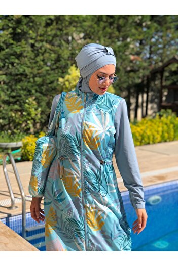 ALLMİRA FASHION Gray 5-Piece Camellia Patterned Hijab Swimsuit Set - Full Covered with Bag