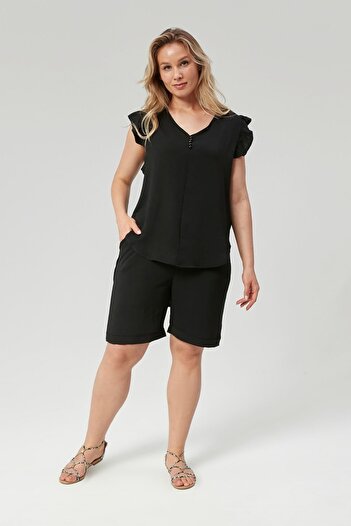 xlargebutik Large Size Black Ayrobins Lycra Shorts Set