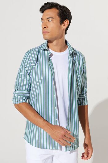 AC&Co / Altınyıldız Classics Men's Green-Navy Slim Fit Slim Fit Small Italian Collar 100% Cotton Striped Shirt