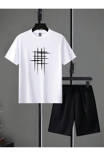 Mythologie White Black Printed Oversize T-Shirt and Shorts Set - Crew Neck