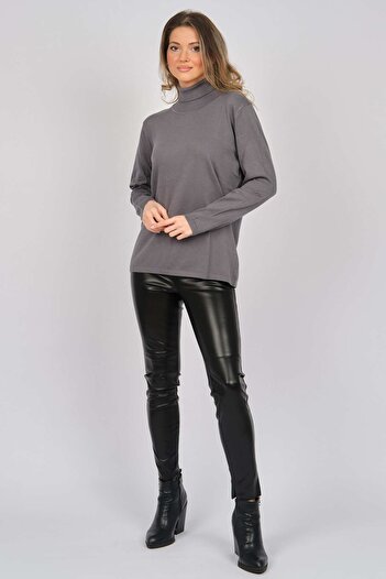 Desen Triko Women's Lycra Long Sleeve Basic Full Fisherman Blouse 0240017 Gray