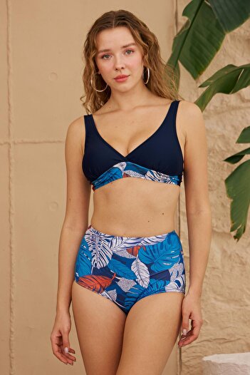 Starinci Mayo High Waist Recovery Blue Leaf Patterned Bikini Bottom