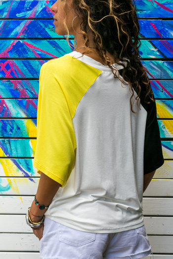Güneşkızı Women's Yellow-black Blocked Low-cut Casual T-shirt Bst3265