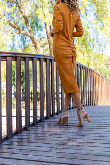 Güneşkızı Women's Mustard Self-Textured Back Gathered Long Dress Bst3281