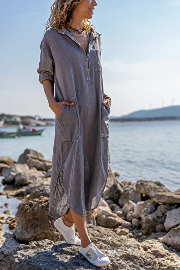 Güneşkızı Women's Gray Washed Linen Half Placket Pocket Dress Gk-rsd2083