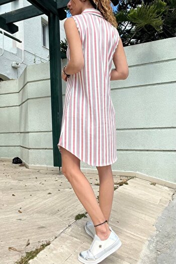 Güneşkızı Kadın Gül Kurusu Keten Görünümlü Kendinden Desenli Kolsuz Gömlek Elbise BST700-3583