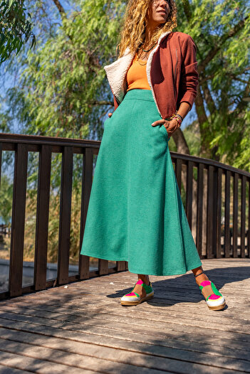 Güneşkızı Green Patterned Women's Flared Skirt - High Waist, Pocket, Stamp Bst3461