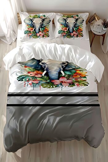 Else Dekor Double Cotton Satin Duvet Cover Set - Colorful Elephants Patterned and Printed