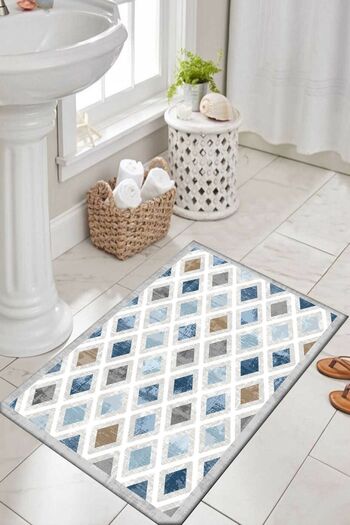 Else Halı Blue Yellow Tiles Patterned Washable Non-Slip Base Bath Mat Dts-6