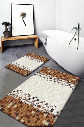 Else Dekor Coffee Cans Patterned Washable Non-Slip Bathroom Mat 2-Piece Toilet Set Dts-12
