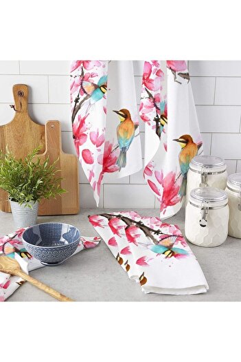 Else Dekor Pink Floral Bird Patterned Microfiber Kitchen Towel Drying Cloth Water Absorbent Hand and Face Towel