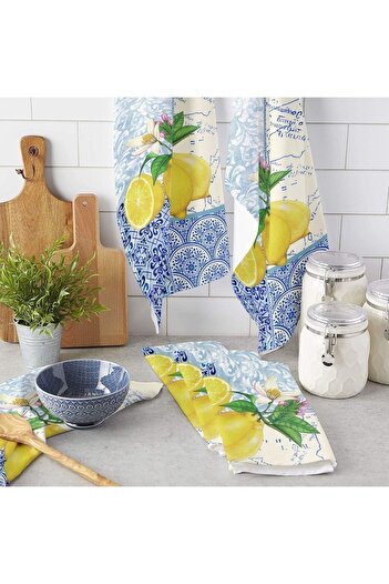 Else Dekor Blue Yellow Lemon Patterned Microfiber Kitchen Towel Drying Cloth Water Absorbent Hand and Face Towel